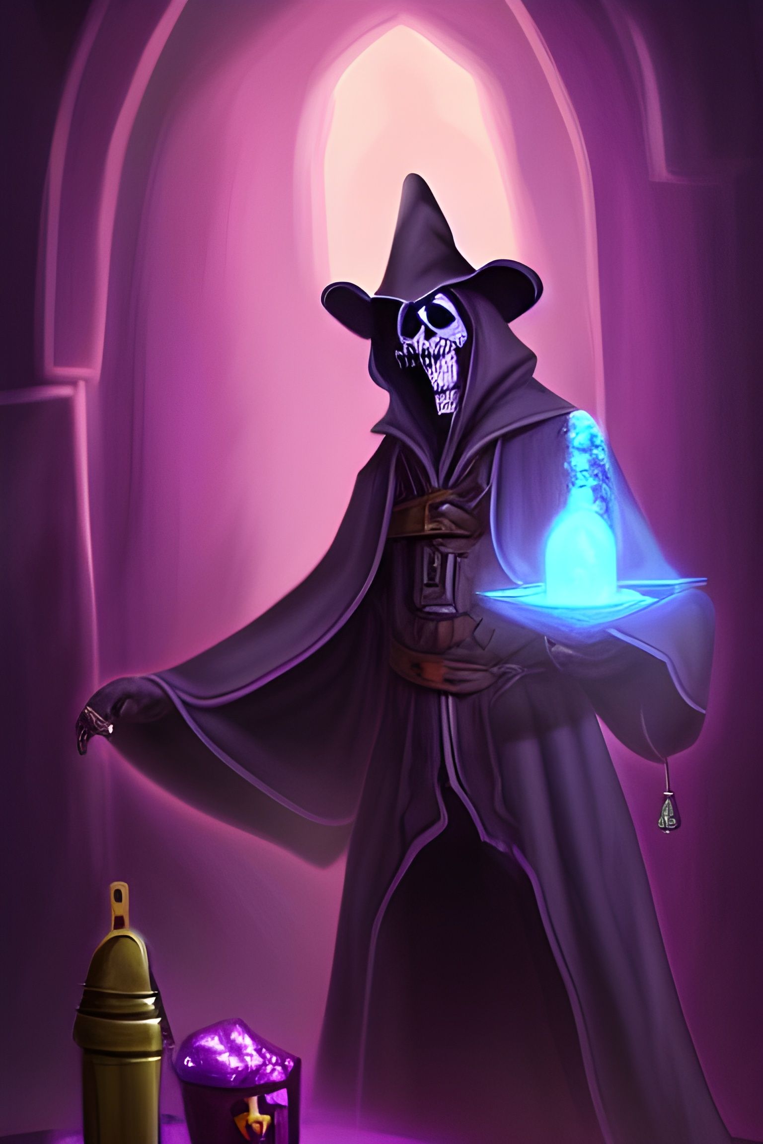 Mystical Death Reaper in a Neon Lit Tavern