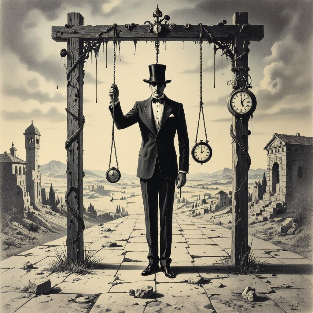 Surrealist Hangman Game in Pencil Sketch Style