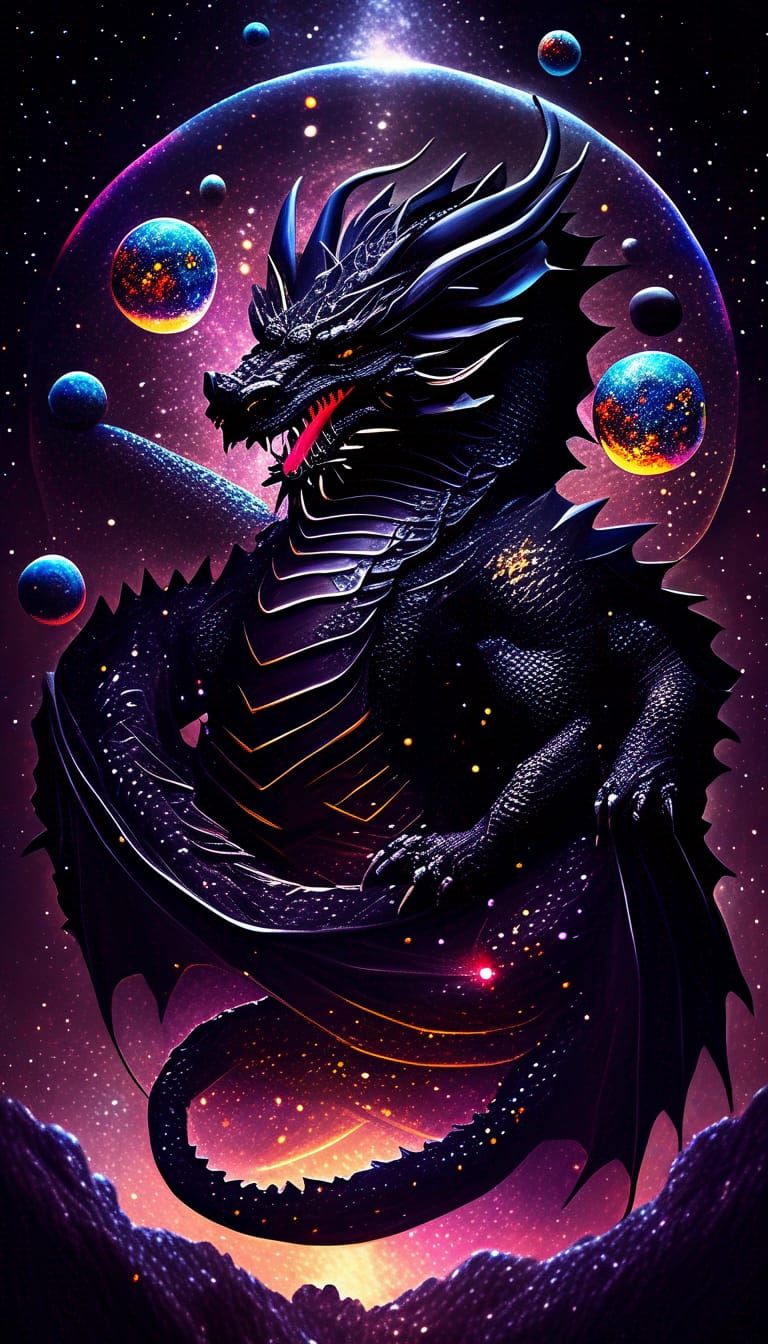 Colossal Black Dragon God in Cosmic Space