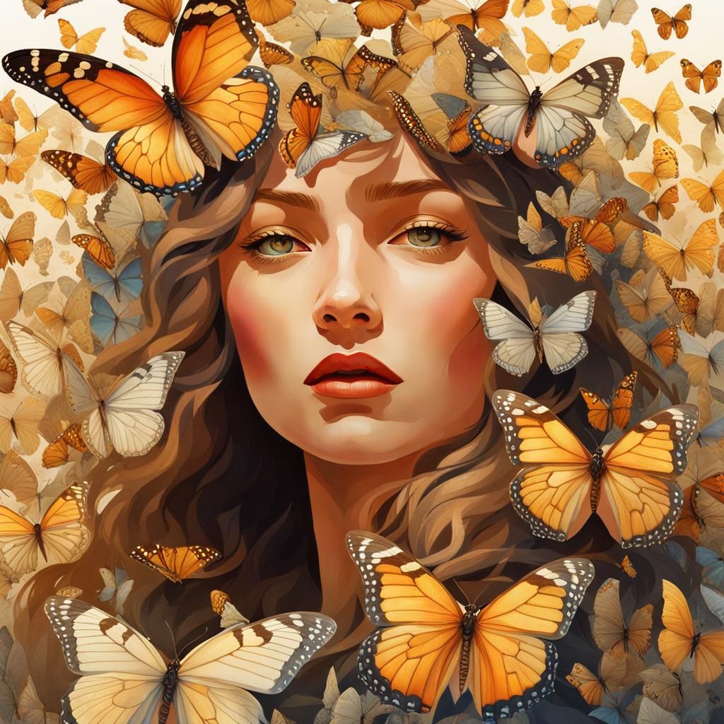 Girl with Butterfly Head: Surrealist Watercolor