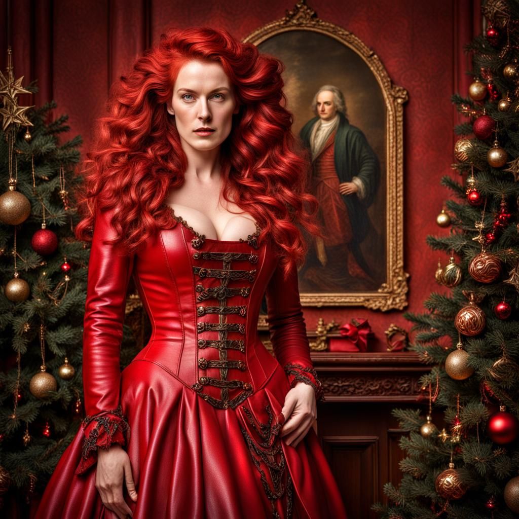 Woman in Red Gown: Hyperrealistic Christmas Portrait