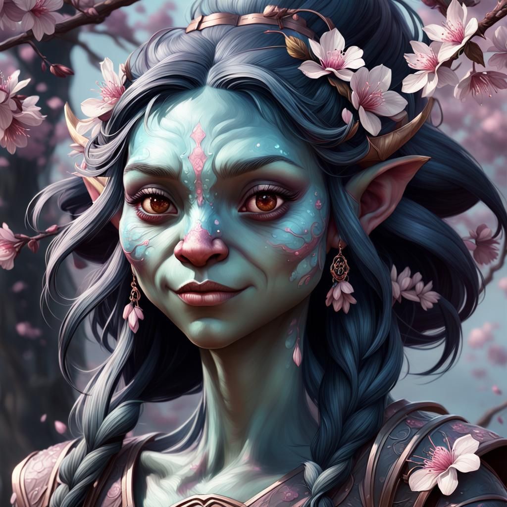 Black Cherry Blossom Troll Portrait in Art Nouveau Style