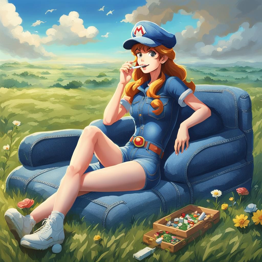 Denim-Clad Woman Smoking on Denim Grassland