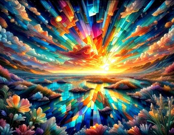 Vibrant Gemstone Landscape in Stained Glass Style