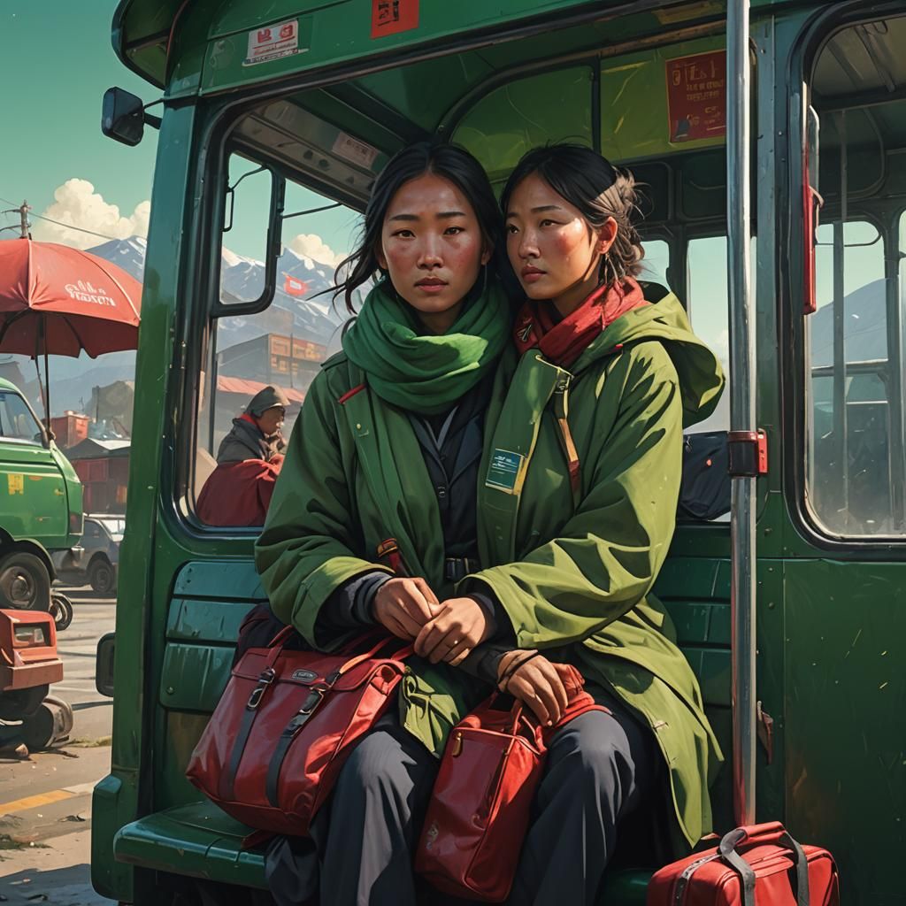 Mongolian-Nepali Woman on Bus: Epic Fantasy Illustration