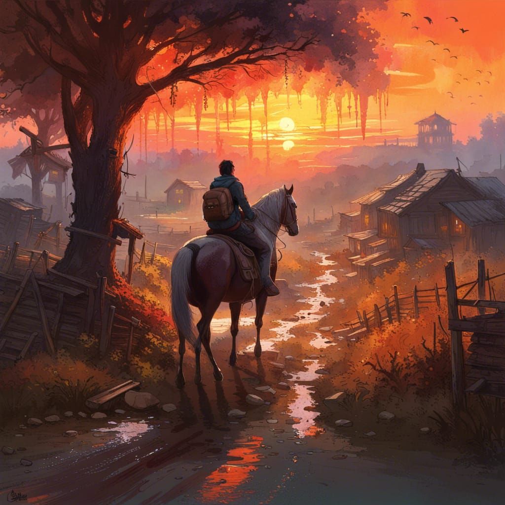 Sunset Ride in Countryside Village: Fantasy Art