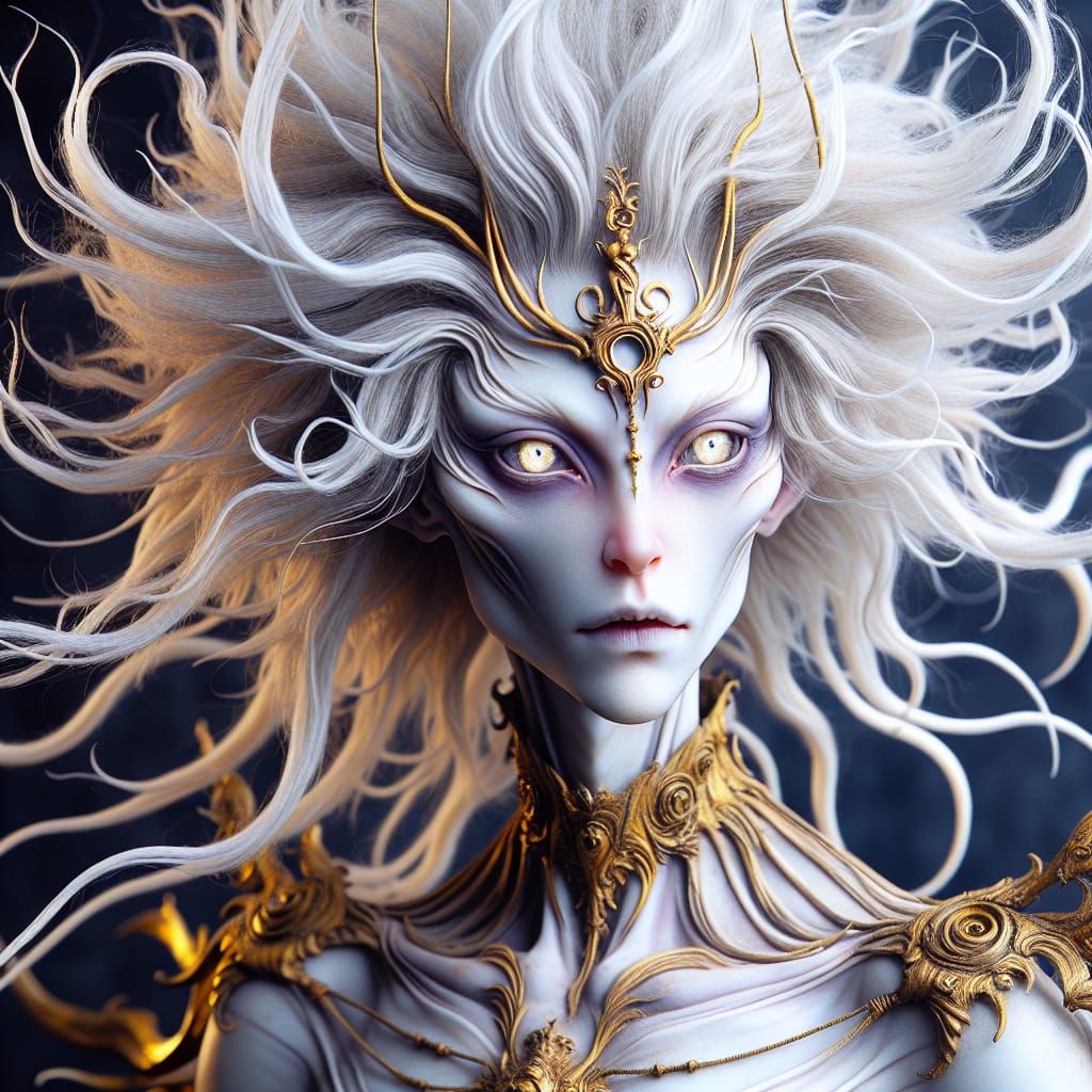 Ethereal Figure with Golden Symbol and Ornate Collar