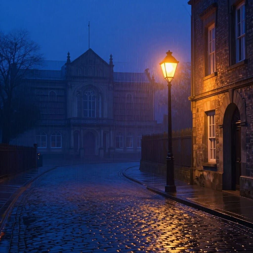 Ethereal Streetlamp Glow on Rainy Cobblestone Street