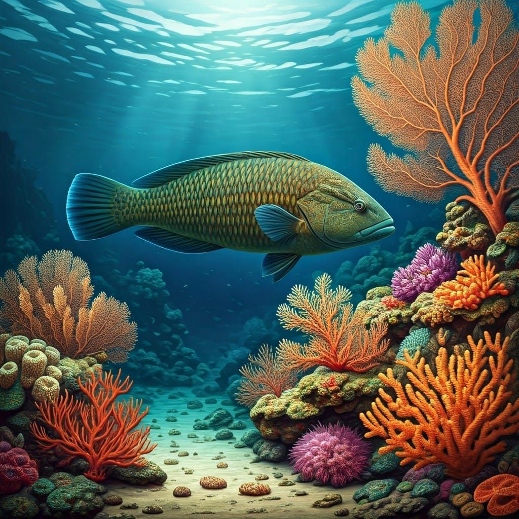 Giant Wrasse and Grouper in Coral Reef Illustration