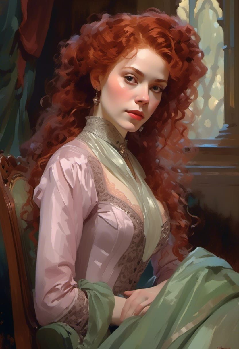 Red-Haired Lady in Leather and Lace Gown