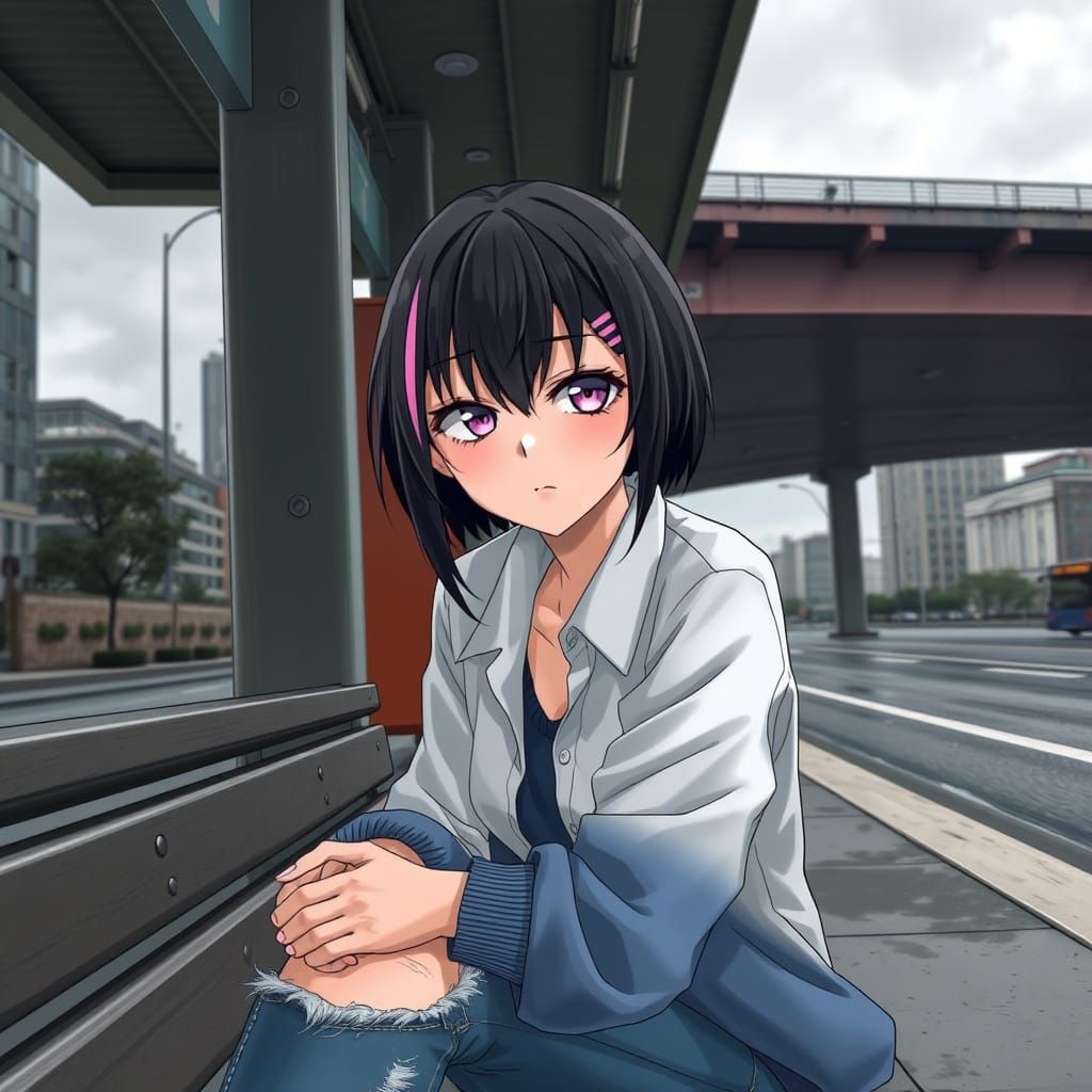 Crying Bishounen Woman at Bus Stop, Detailed Art