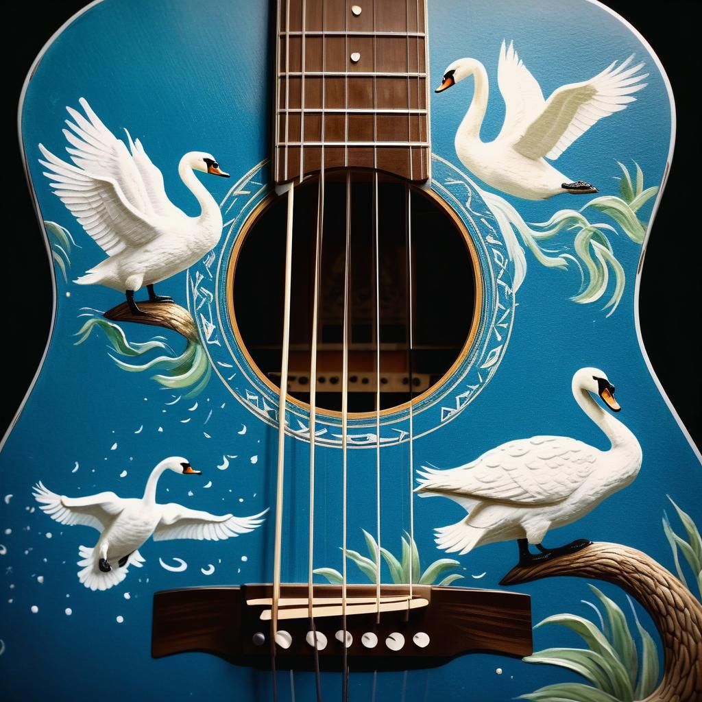 Swan-Adorned Guitar: Cinematic Film Still
