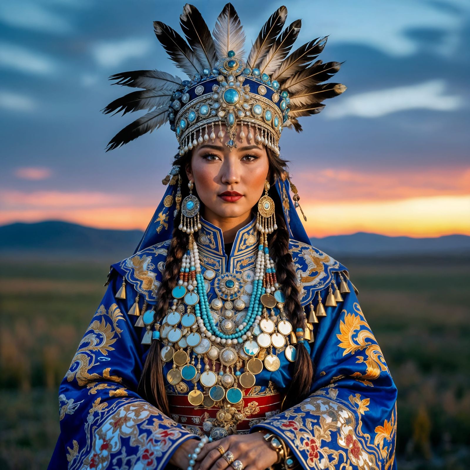 Mongolian Shaman in Silk Brocade Robe, Hyperrealistic Portra...
