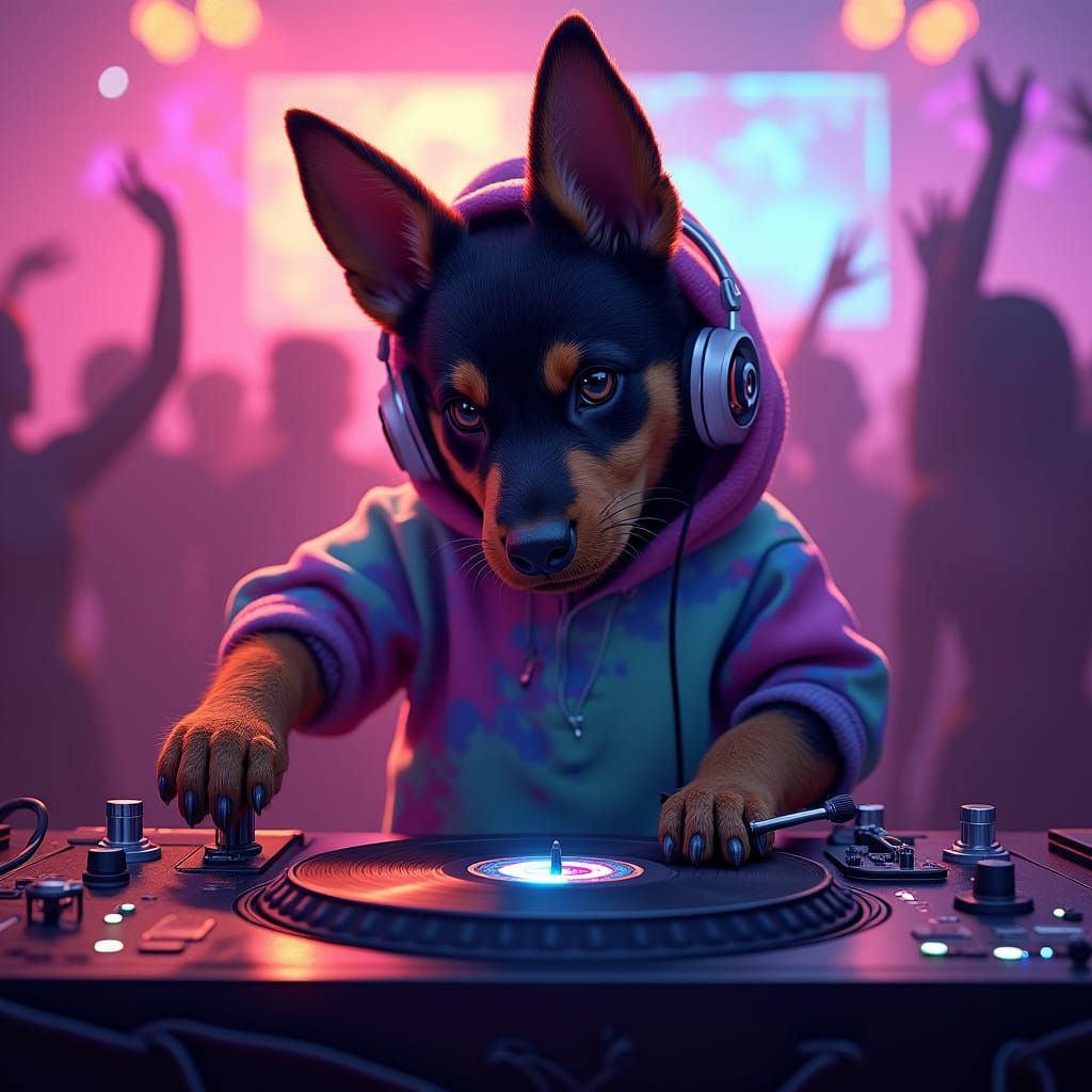 German Shepherd Puppy DJ in Vibrant Night Club