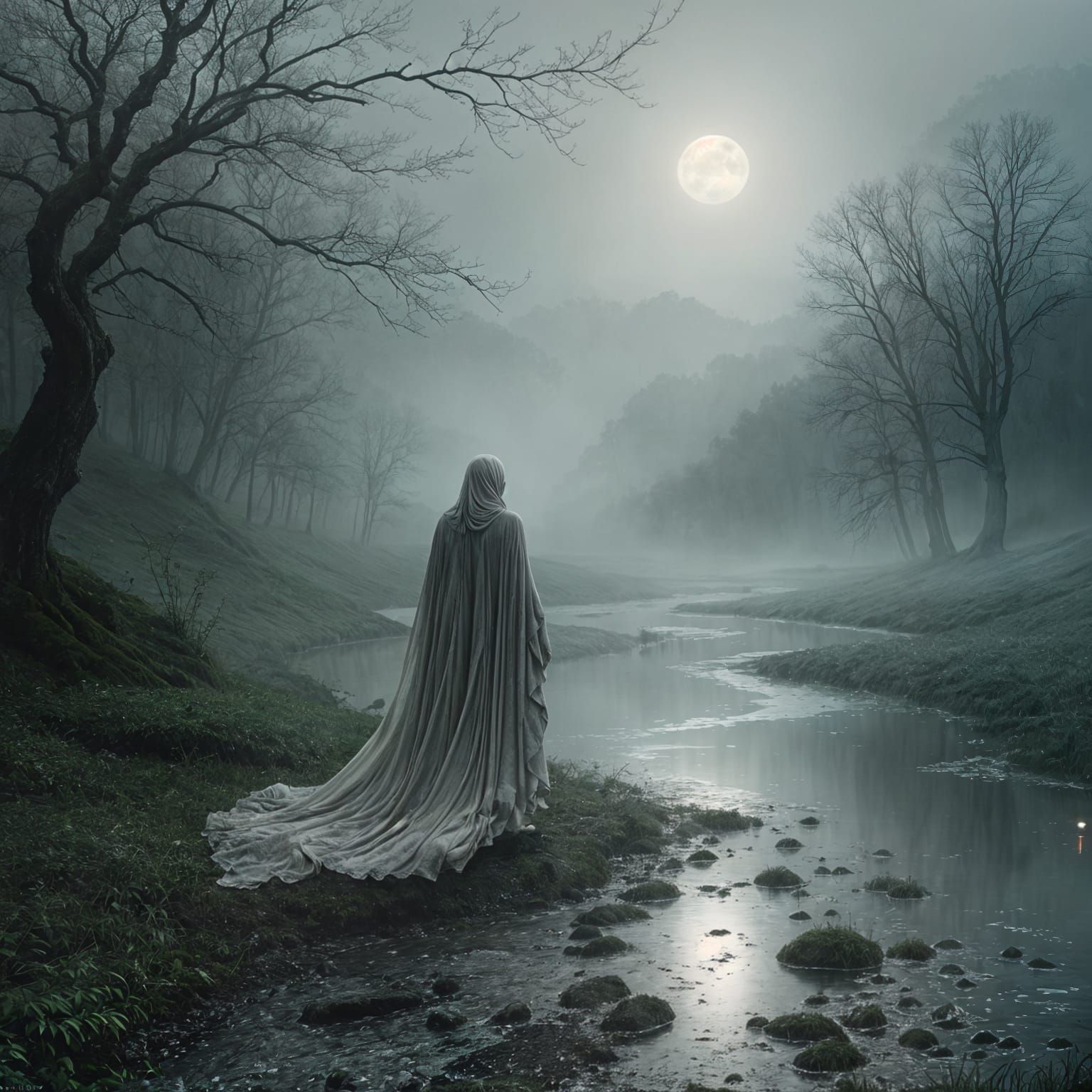 Ethereal Moonlit Landscape with Mystical Figure