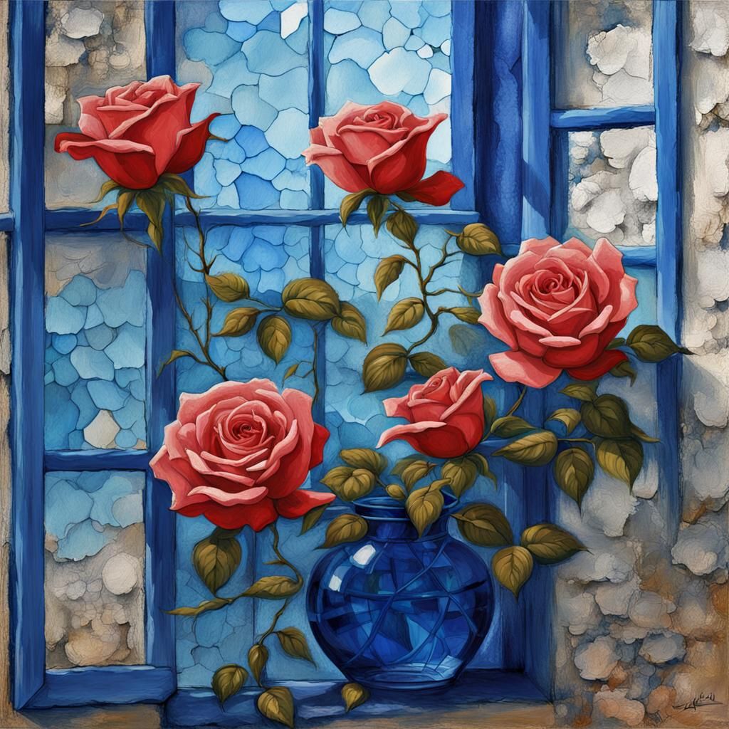 Blue Roses in Window, Detailed Digital Painting