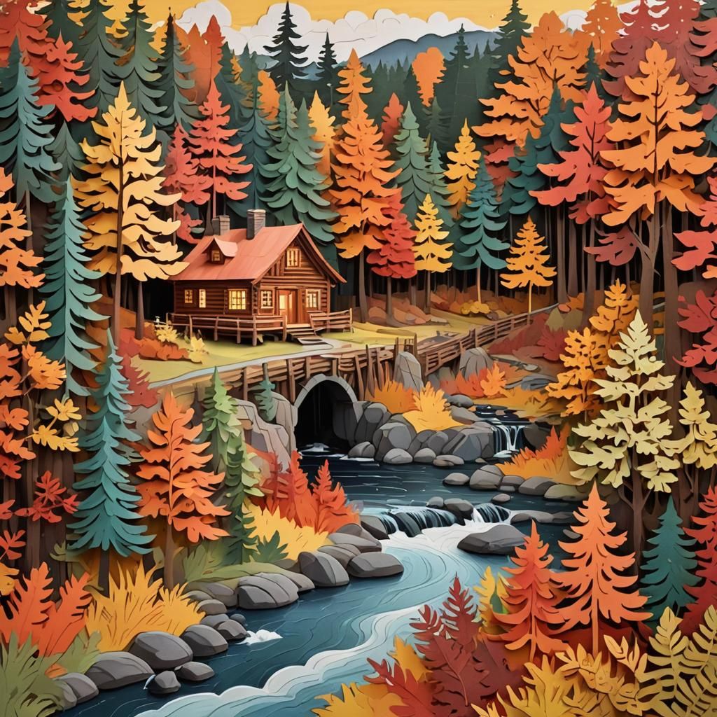 Cozy Cabin in Autumnal Forest Paper-Cut Art