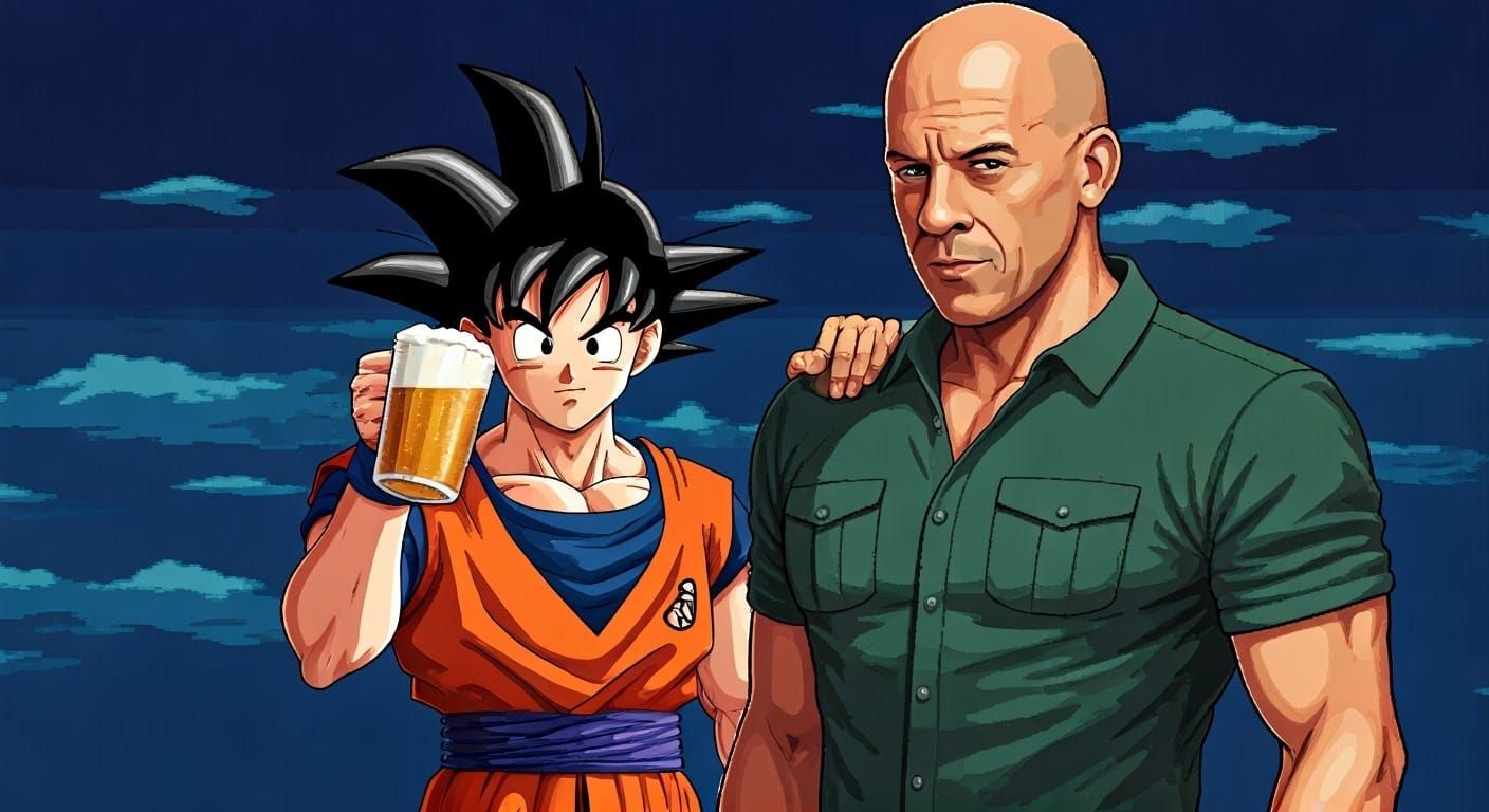 Goku and Vin Diesel: 8-bit Beer Buddies