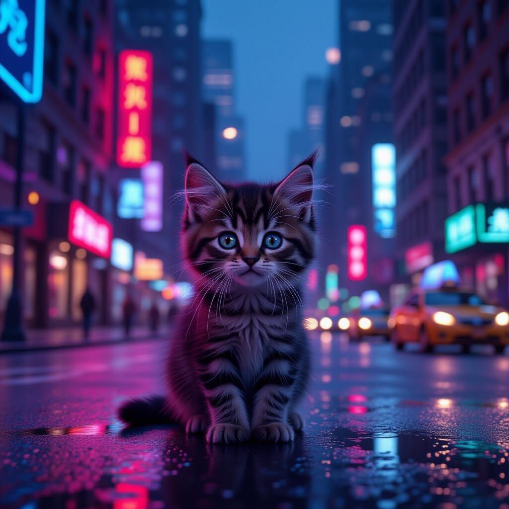 Lost Siberian Kitten in Vibrant New York Night