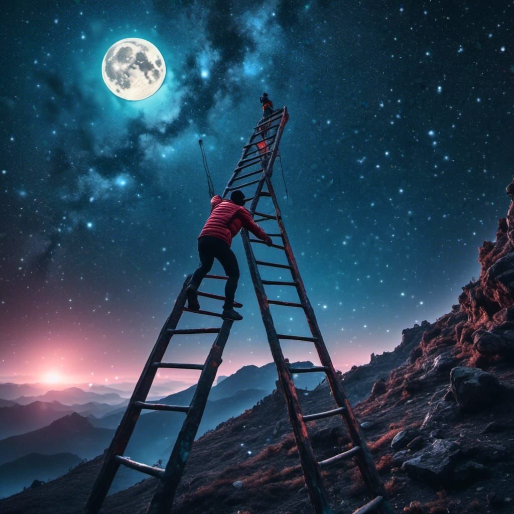 Man Climbing Ladder to Moon in Starry Storm