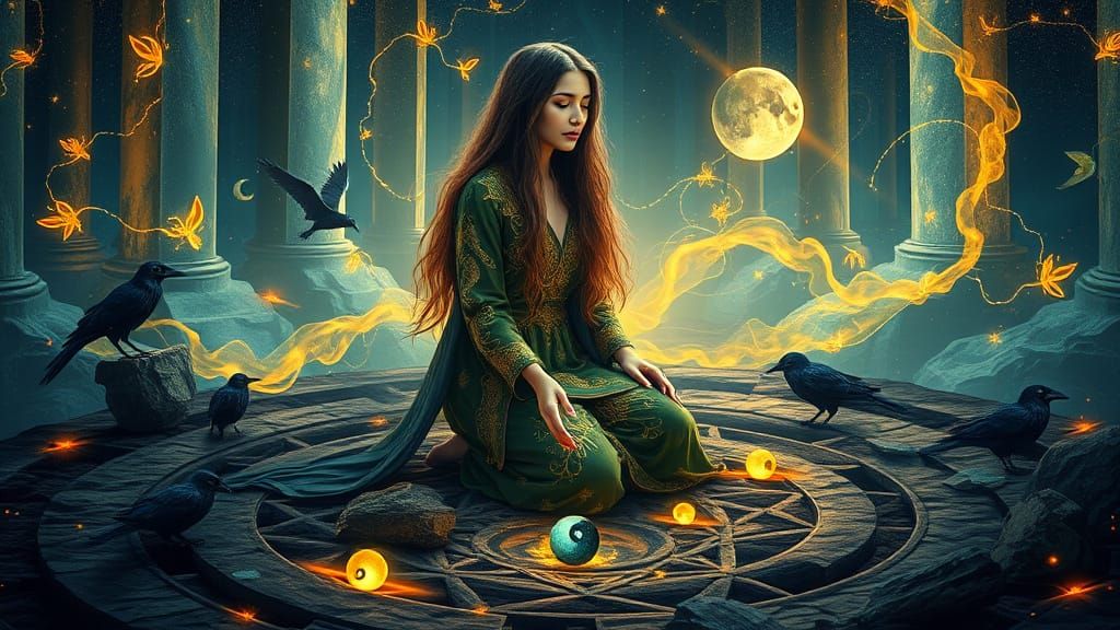 Surreal Witch in a Mystical Labyrinth Scene