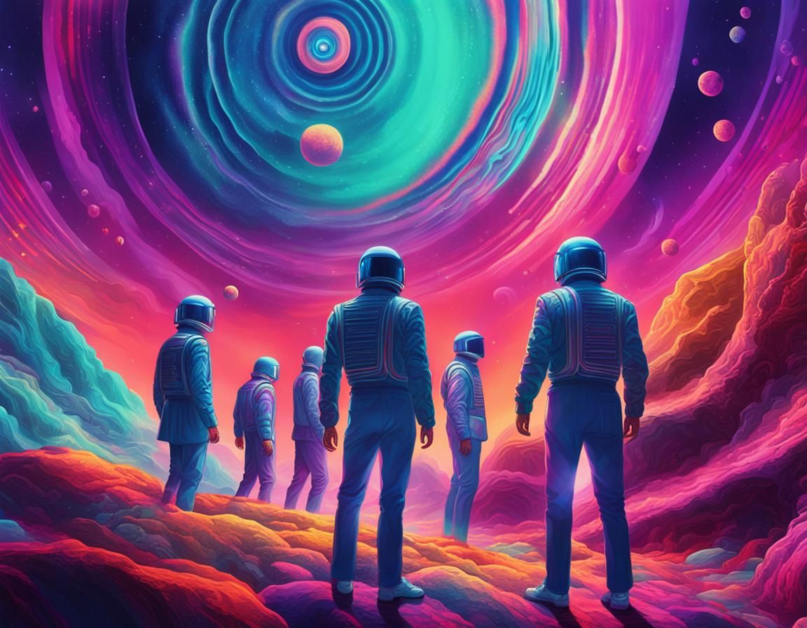 Retro-Futuristic Album Cover Art in Psychedelic Dreamscape