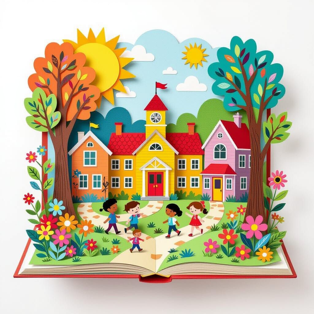 Whimsical School Scene in Pop-Up Book Style