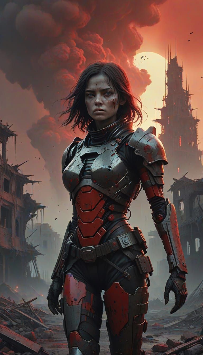 Defiant Cyborg Walks Through Dystopian Ruined City