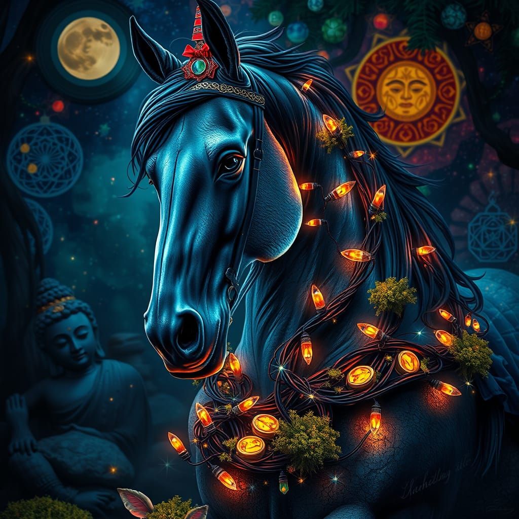 Mystical Horse with Christmas Lights in Klimt Style