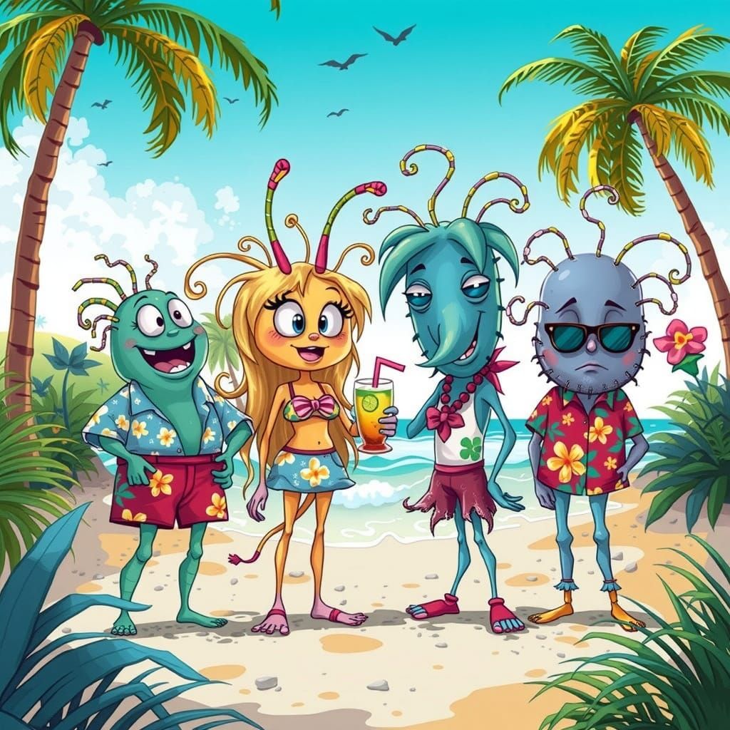 Cartoon Bacteria on Tropical Beach in Whimsical Style