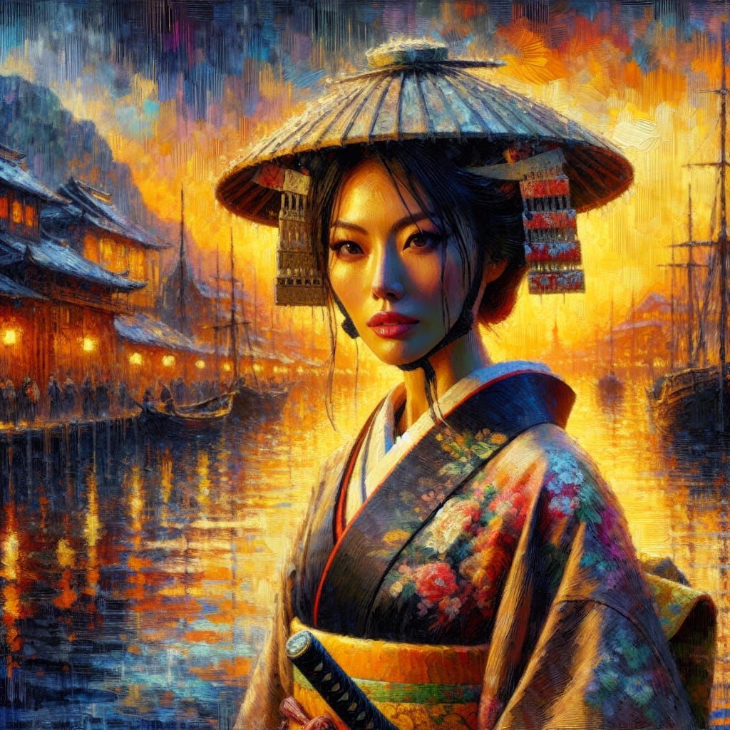 Hyperrealistic Samurai Woman in Tranquil Harbor at Sunset