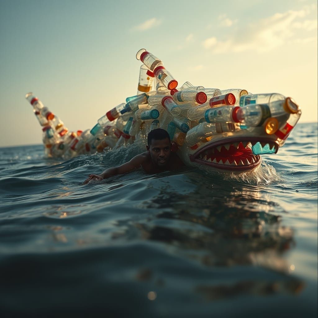 Plastic Bottle Shark Pursues Swimmer: Cinematic Still