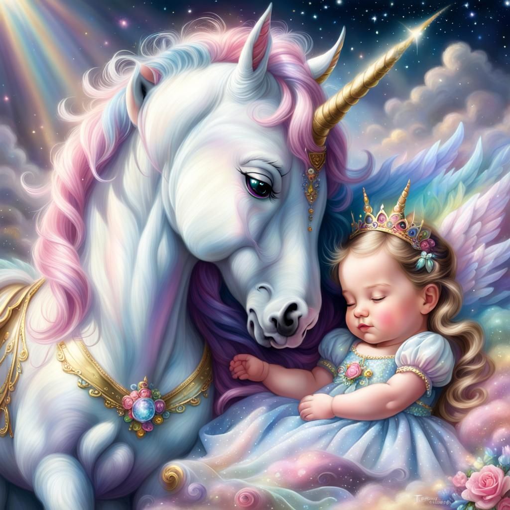 Baby Princess and Unicorn in Ethereal Fantasy