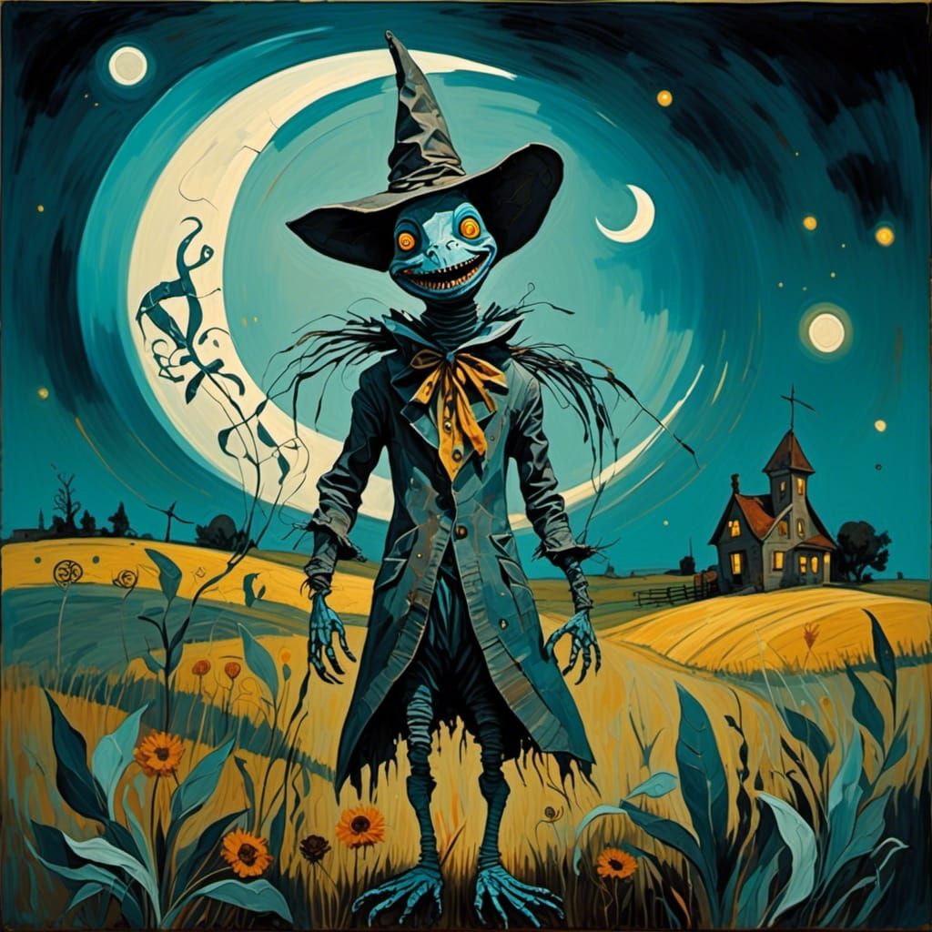 Creepy Scarecrow with Glowing Smile in Moonlit Field