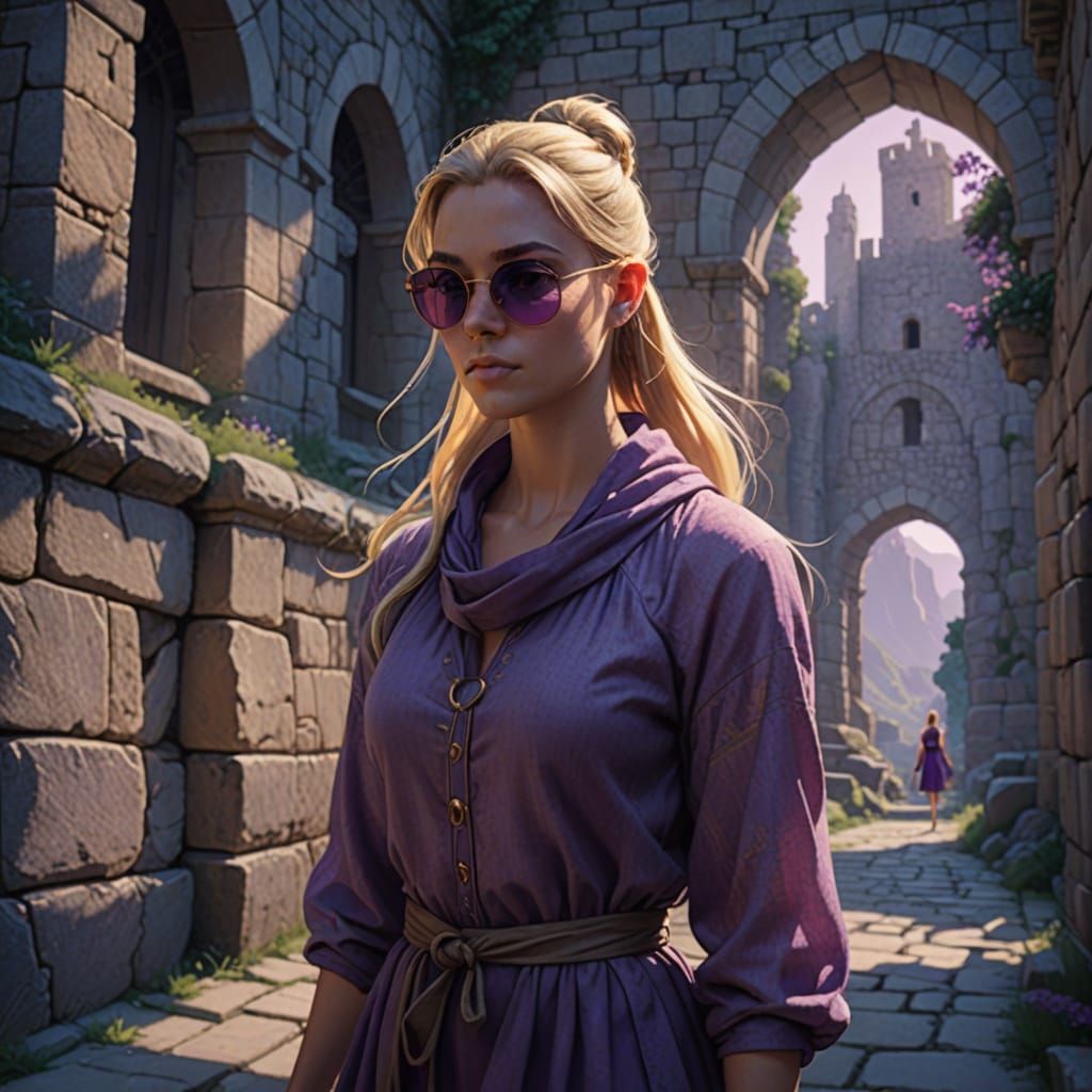 Blond Girl in Purple Dress on Ramparts in Golden Hour