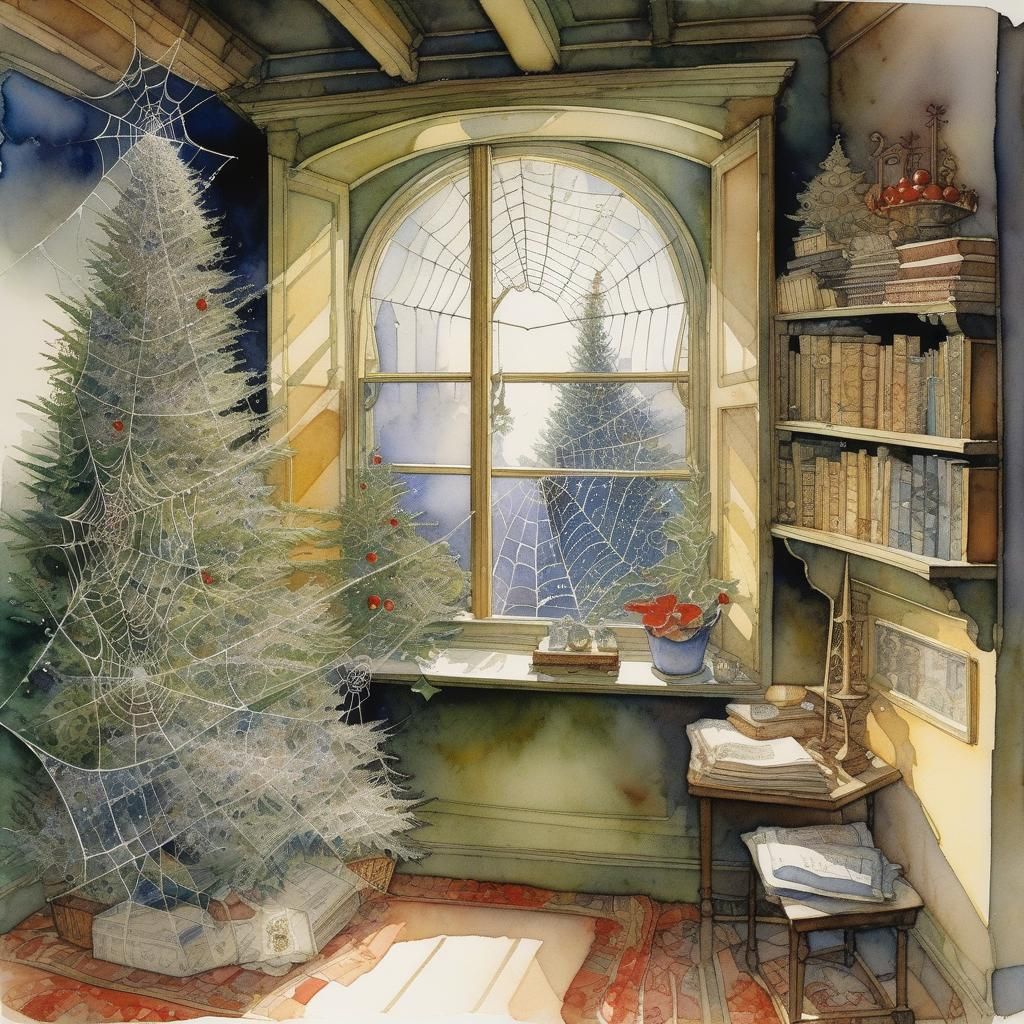 Christmas Tree Decorated with Silver Spiderwebs