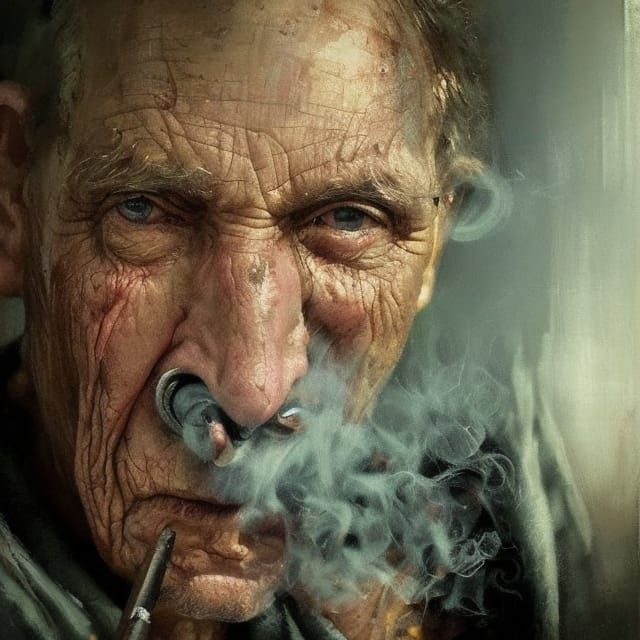 Elderly Man Smoking: Impasto Painting with Vibrant Colors