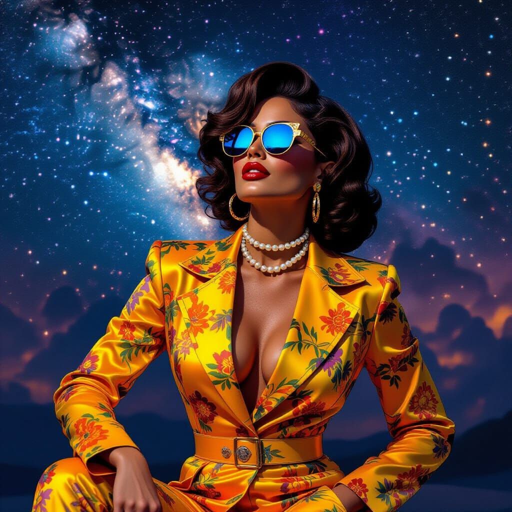 Woman in Jumpsuit with Cosmic Background: Afrofuturist Art