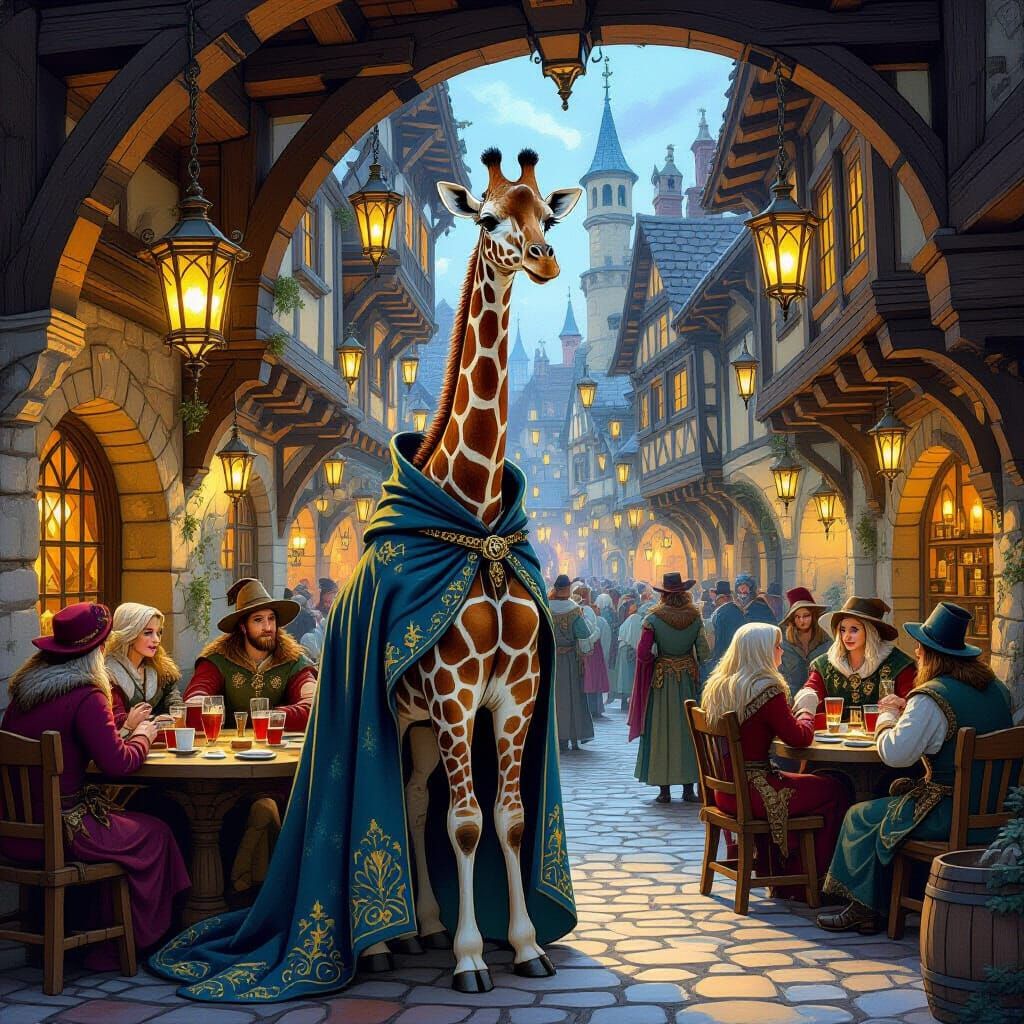 Bioluminescent Giraffe in Medieval Tavern, Storybook Art Sty...
