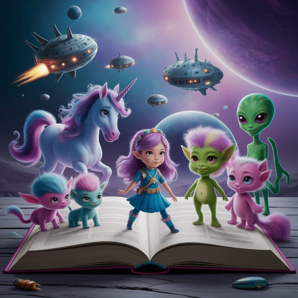 Fantasy Adventure Book with Unicorns and Aliens