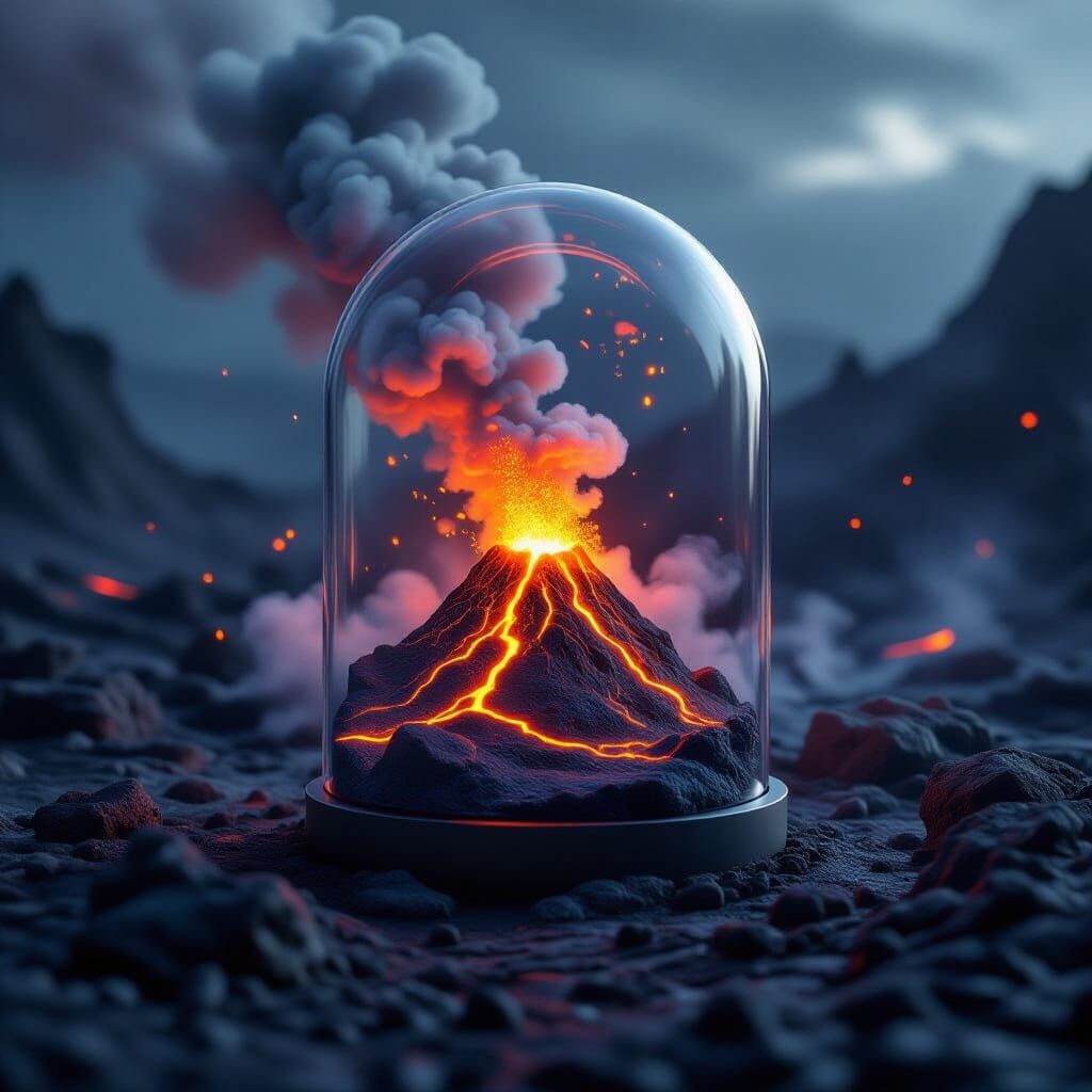 Active Volcano in Glass Capsule: Hyperrealistic 3D Render