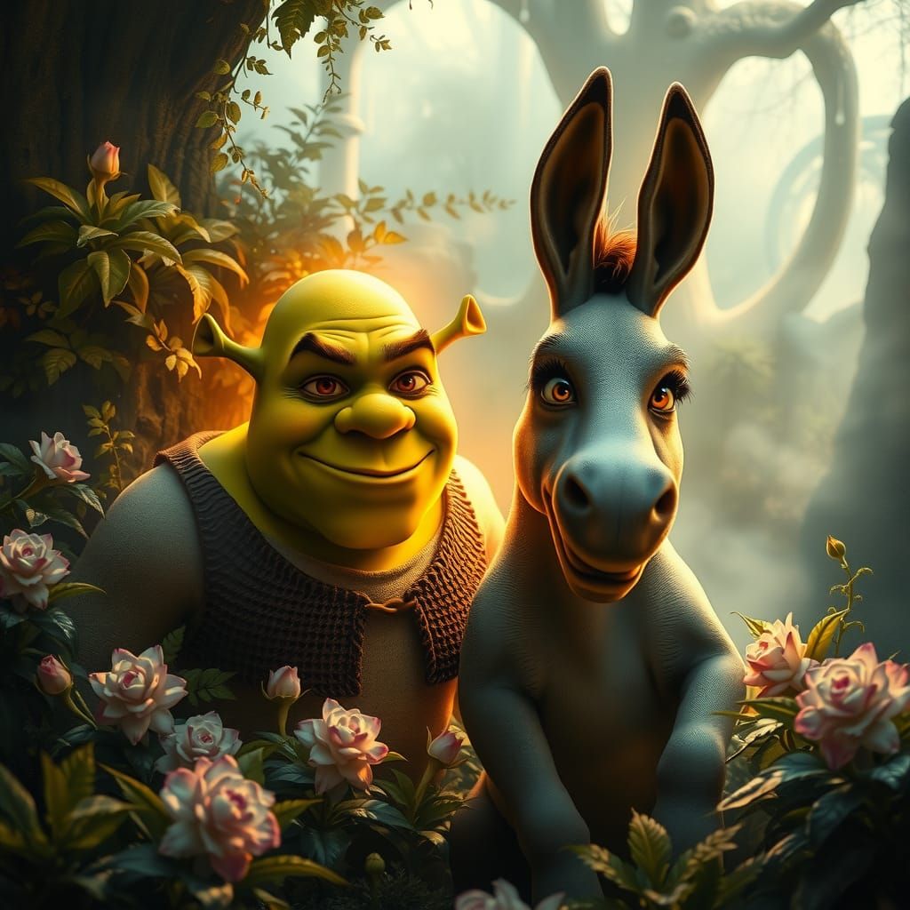 Shrek and Donkey in Mystical Forest, Kinkade Style