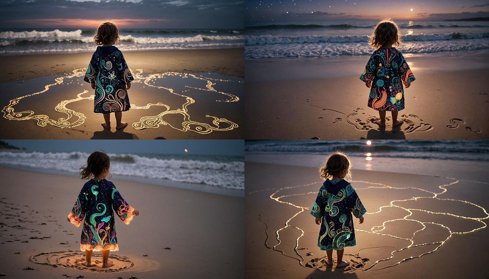 Child on Fluorescent Beach at Night, Anime Style