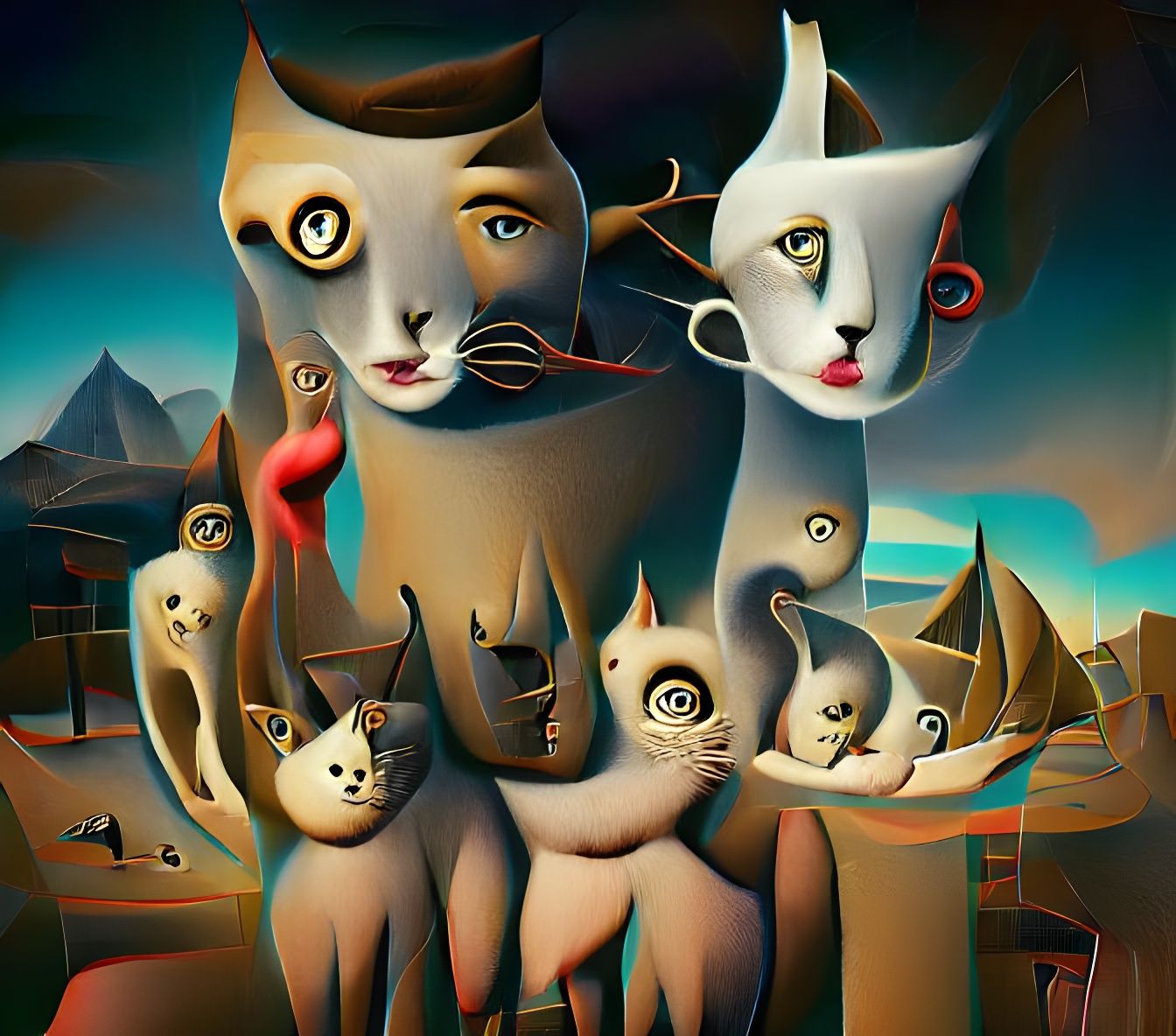 Surreal Cat Family Digital Illustration