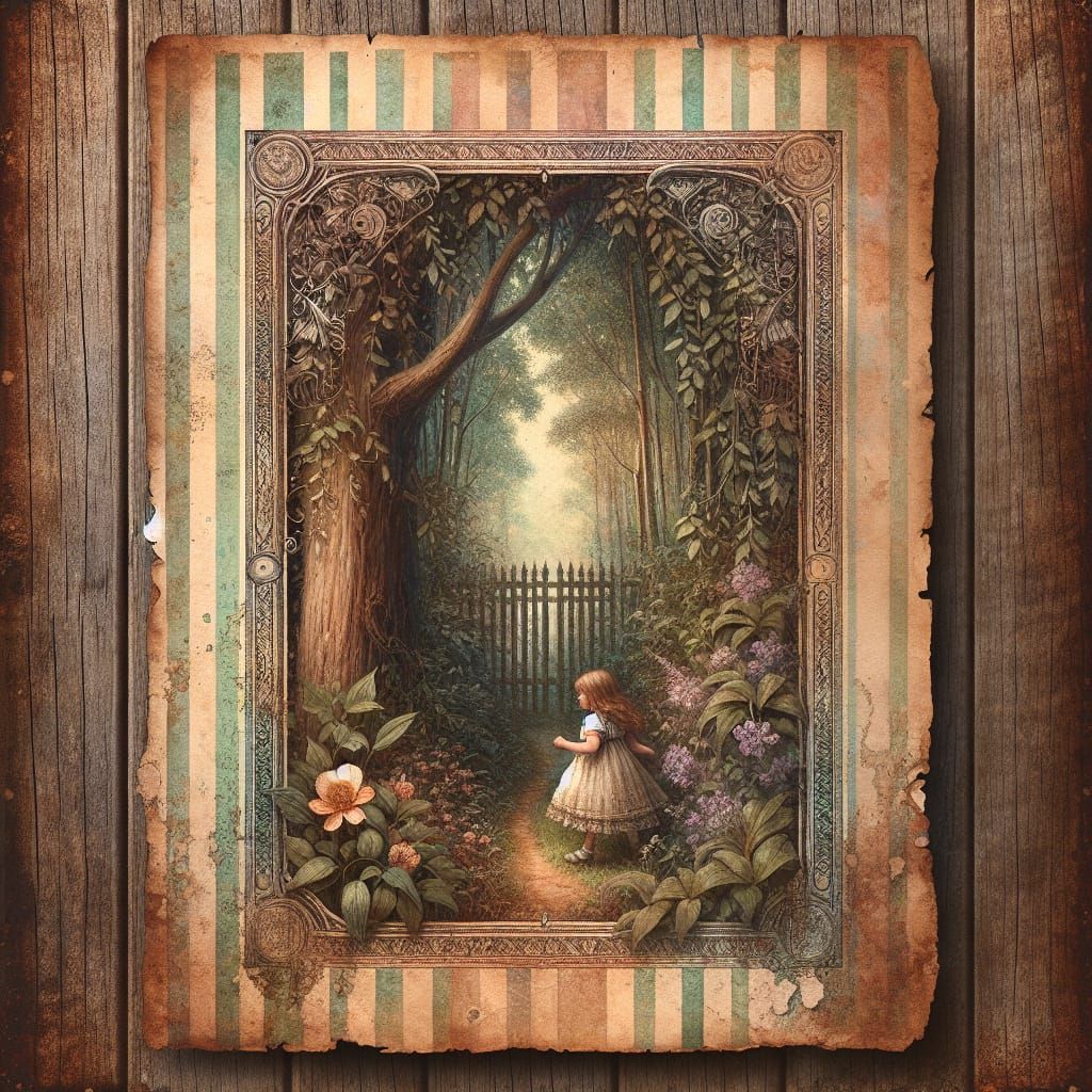 Little Girl's Secret Garden: Antique Watercolor Painting