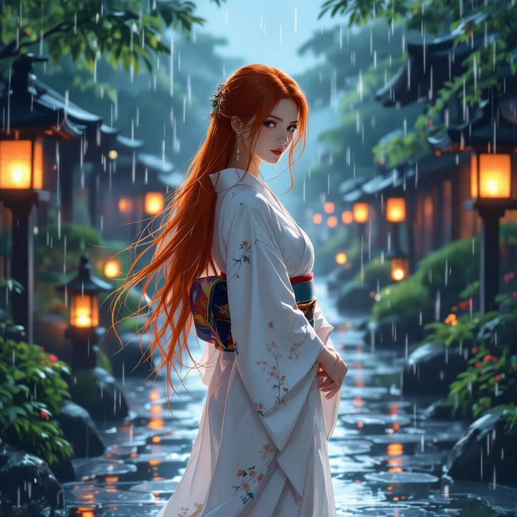 Japanese Garden at Twilight: Woman in Kimono