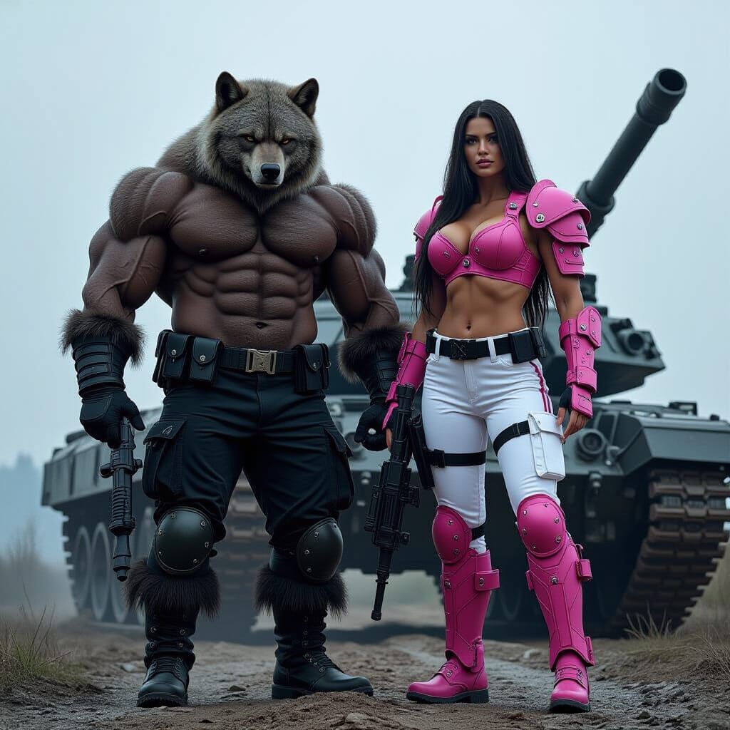 Fantasy Werewolf-Bear Hybrid with Giant Woman