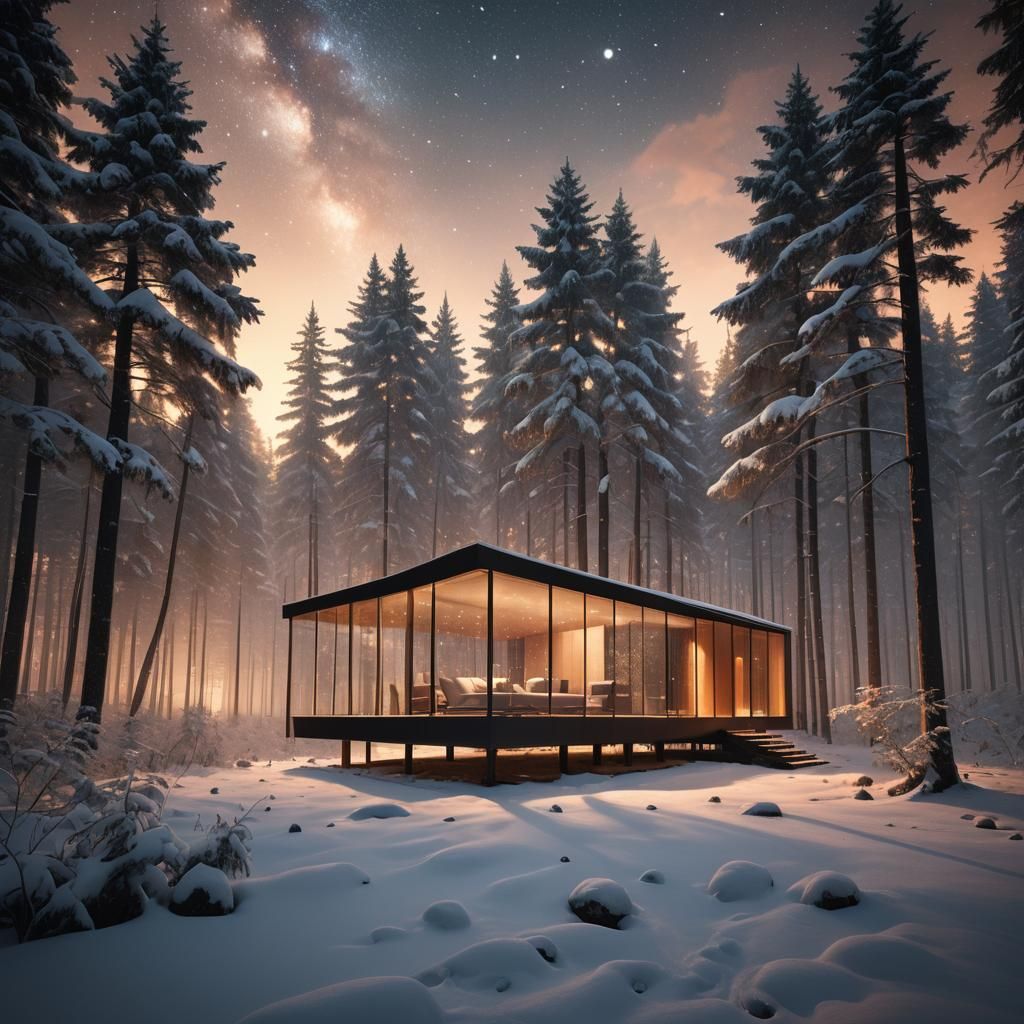 Glass Cabin in Forest Under Stars, Digital Matte Painting
