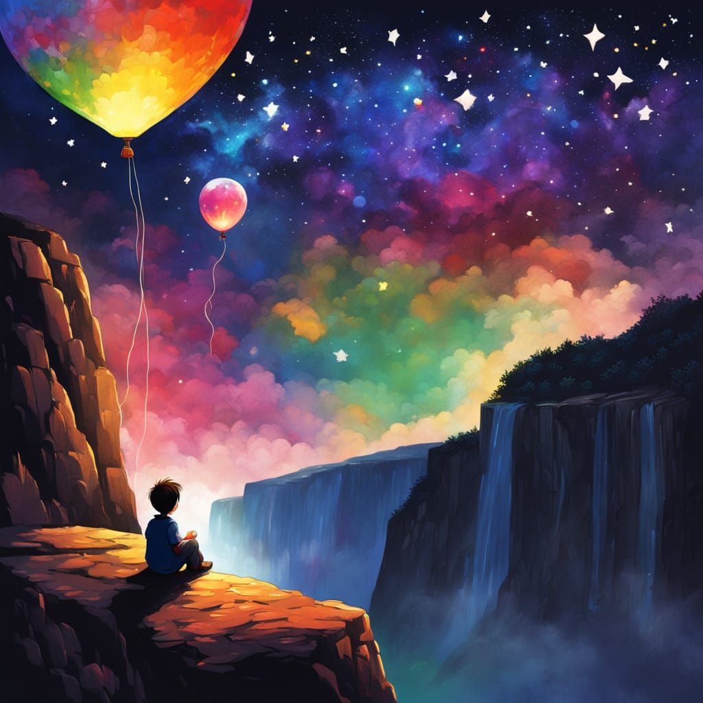 Boy on Cliff with Balloon Under Starry Sky