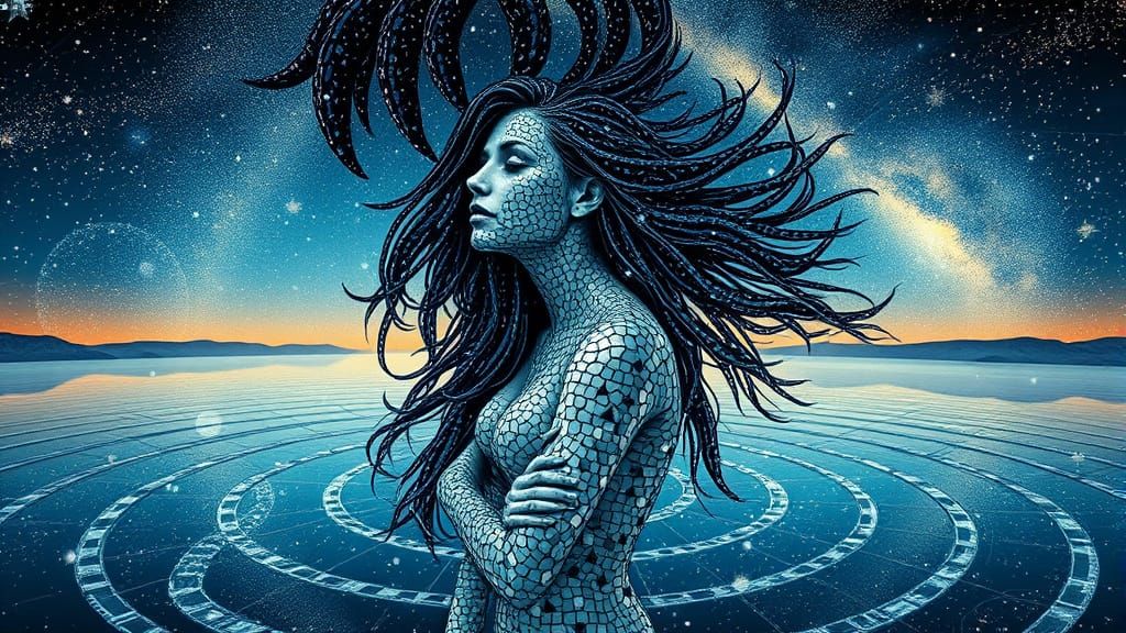 Mosaic-Haired Woman in Mirrored Labyrinth, Surreal Bio-Art